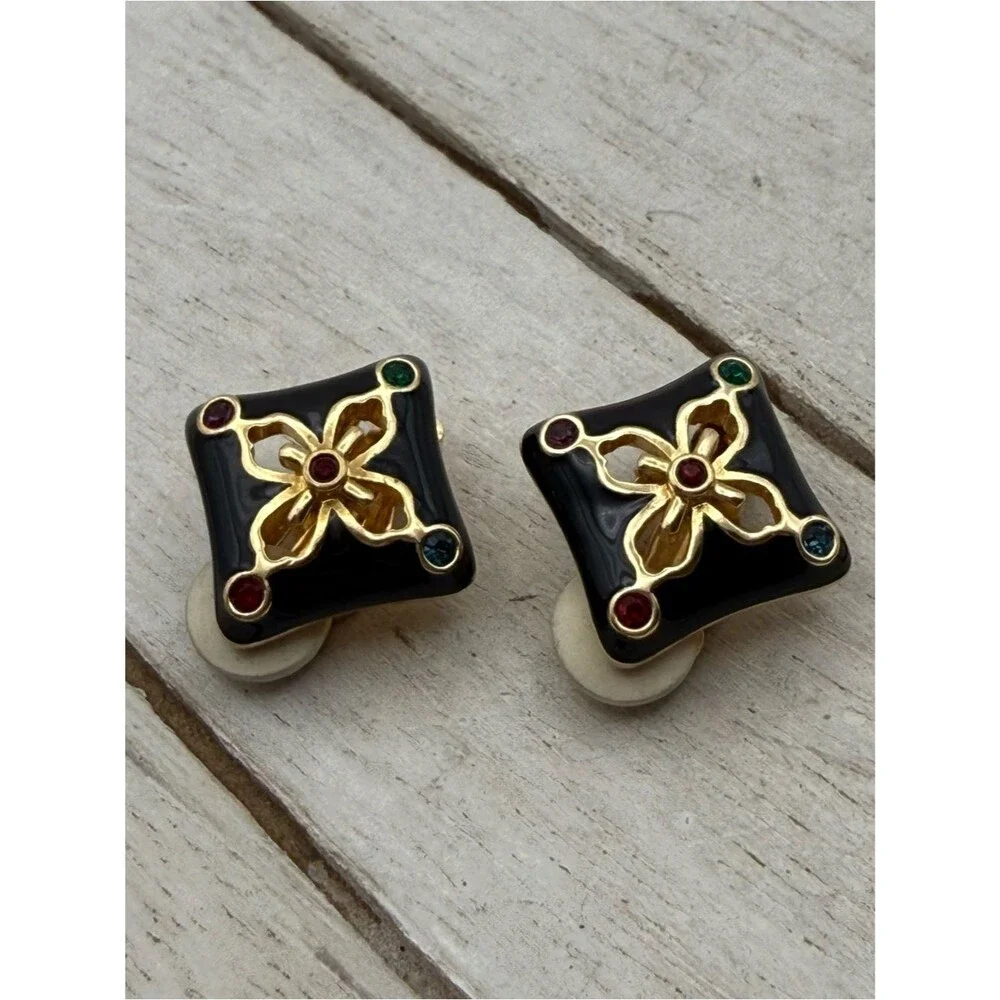 Vintage Gold & Black Floral Square Clip-On Earrings with Multicolor Accents